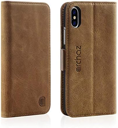 archaz iPhone X/iPhone XS Leather Wallet Case - iPhone X/Xs Wallet Case with Magnetic Latch Closure - Adjustable Viewing Stand - 3 Card Slots - Compatible with Wireless Charger (iPhone X, dark brown)