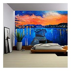 Original Oil Painting of Boat and Jetty(Pier) on Canvas.Rich Golden Sunset Over Ocean.Modern Impressionism - Removable Wall Mural | Self-Adhesive Large Wallpaper - 66x96 inches