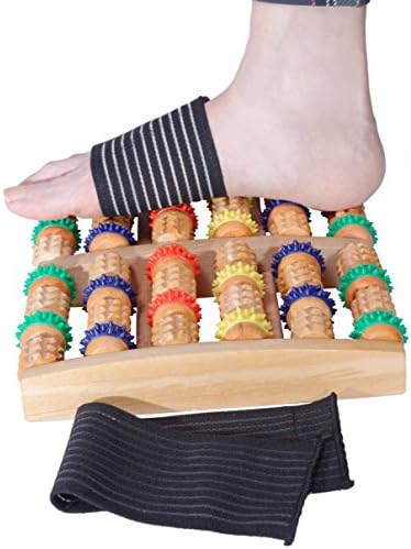 WHOLESALETOYOU Dual Wooden Foot Massage Roller Stress Relief Reflexology Tool Massager with Free Gift 2 x Foot Arch Wrap, Pain Leg Relax Heel Spur Foot Pain Plantar Fasciitis Acupressure Therapy