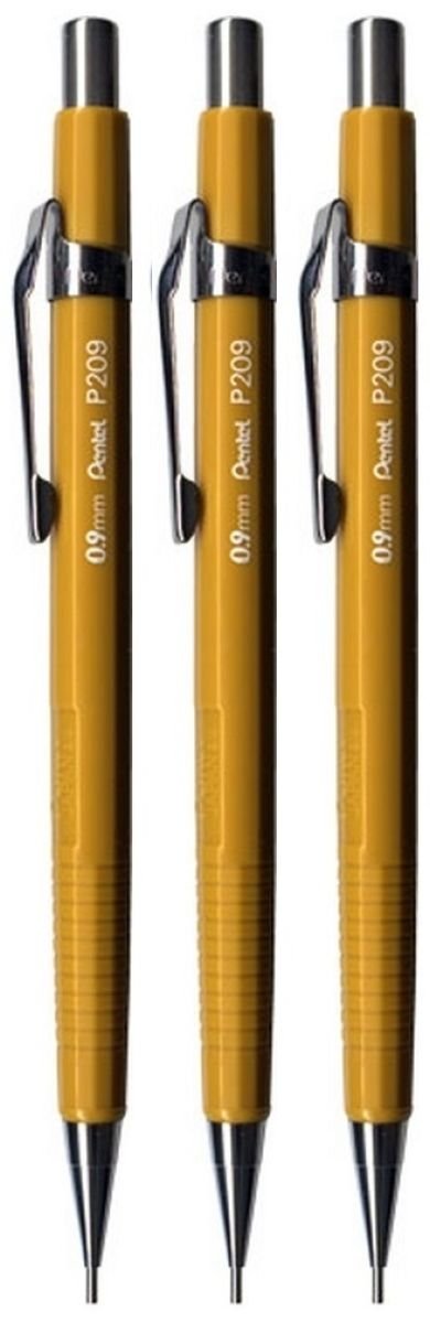 Pentel 0.9mm (P209) Yellow P200 Series Automatic Mechanical Draughting Pencil Refillable Lead Eraser P209-G (Pack Of 3)