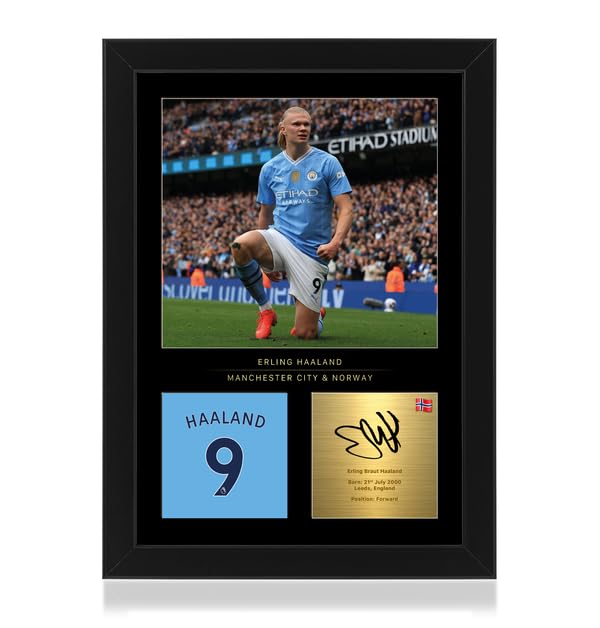 Win FC Erling Haaland Signed A4 Framed Photo Display - Reproduced Digital Signature - Gift For Manchester City Fans