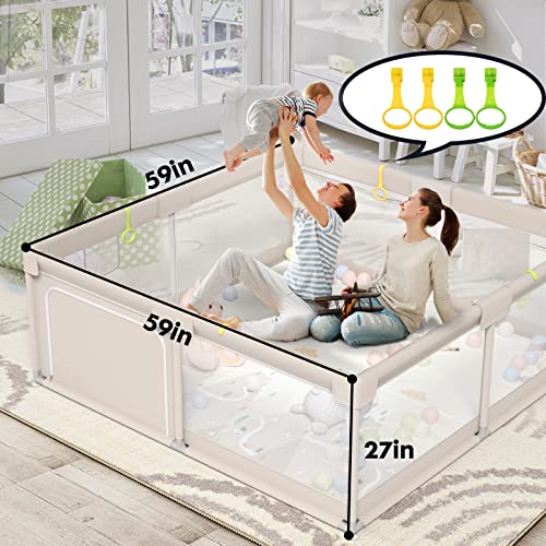 ZEEBABA Baby Playpen with Mat, Playpen for Babies (59x59x27inch), Kids Safety Play Pen for Babies and Toddlers, Extra Large Playpen Playmat, Baby Fence Gives Mommy a Break, Large Baby Play Yard