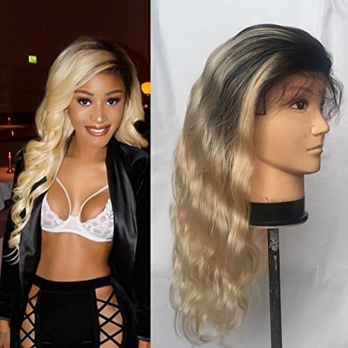 AllHairz Ombre Platinum Blonde 360 Full Lace Frontal Wig for Black Women 150% Density Brazilian Human Hair Body Wave Full Lace Wig with Baby Hair (18 inches)