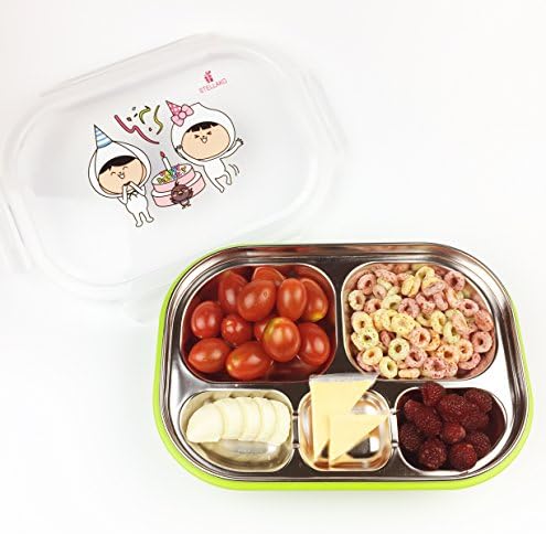 Stainless Steel Dinner Containers with Leak Proof Lid, Non-toxic Tasteless Safety ,Rice Vegetables Multiple Use Kids Food Tray (Green)