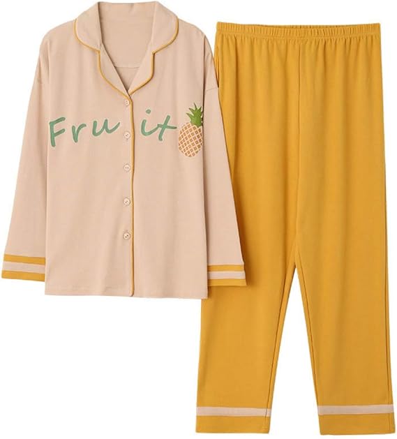 Amazon レディース ルームウェア パジャマ イエロー おしゃれ 綿 上下セット 長袖 秋冬 柔らかい 前開き 衿付き ふんわり ガールズ 寝間着 部屋着 便利服 コットン 快適 女性のパジャマ パジャマ ルームウェアセット 通販