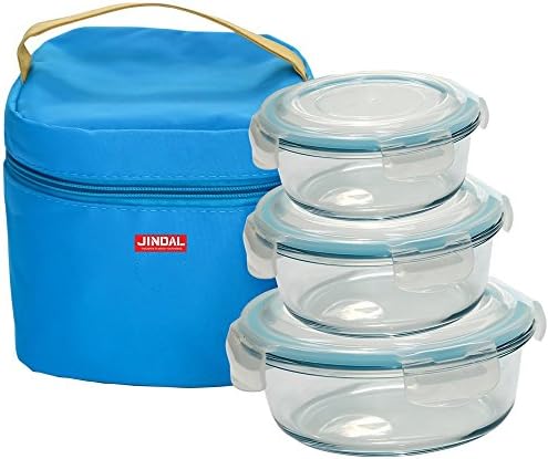 Jindal Microwaveable Borosilicate Glass 400,650 &amp; 950Ml Round Container With Plastic Lid &amp; Lunch Bag