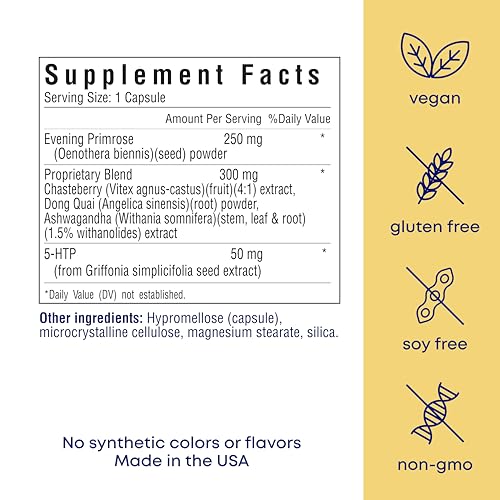 HER OWN PMS, SUPPORTS PMS SYMPTOMS, PROMOTES POSITIVE MOOD, NATURAL HORMONE BALANCE, HELPS RELIEVE CRAMPING, HOT FLASHES MENOPAUSE RELIEF, GLUTEN AND SOY FREE, VEGAN, 30 CAPSULES, 30 SERVINGS