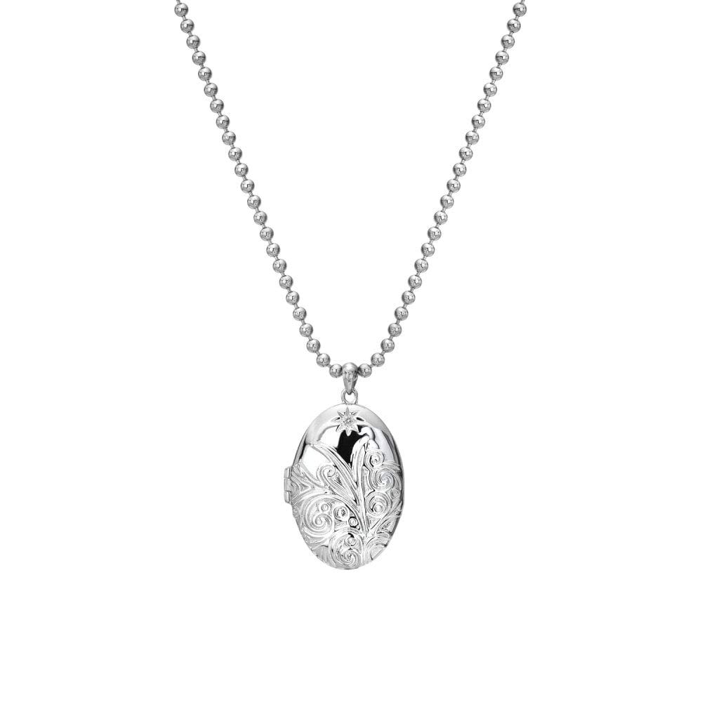 Engraved Sterling Silver Oval Locket with Real Diamond | Memory Heepsake Locket Necklace | 18mm x 25mm Photo Locket Pendant with 18" Sterling Silver Chain | Sentimental Keepsake Jewellery For Women