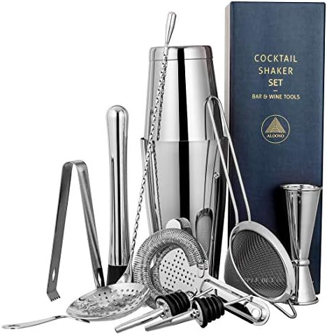 11-Piece Silver Boston Cocktail Shaker Set Bartender Kit | Drink Mixer Bar Set | Cocktail Set Bar Accessories: Martini Shaker, Strainer, Jigger, Muddler, Spoon, & More