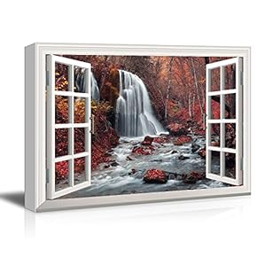 Window View Cascading Waterfall in Mountains with Red...