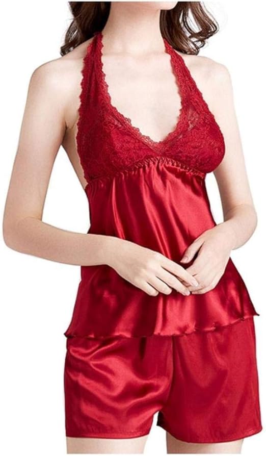 QVC Sexy Lingerie Set Women Summer Pajama Nightwear 2Pcs Satin Halter Deep VNeck Backless Tops
