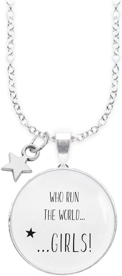SpruchkettenNickel-Free Necklace, 80 cm, with Pendant and Saying in a 2,5 cm Glass Lens and a Charm Pendant: WHO Runs The World…Girls