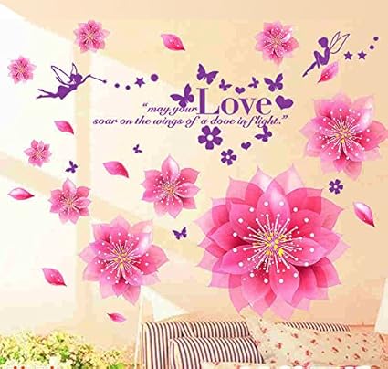 Decals Design Dreamy Pink Flowers Blowing Wall Sticker (PVC Vinyl, 50 cm x 70 cm, Multicolour)