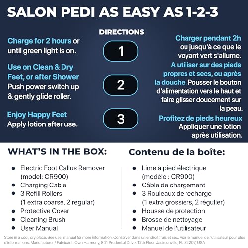 Electric Callus Remover for Feet: Best Pedicure Tools for Men by Own Harmony with 3 Rollers (Powerful), Electronic Pedi Spa Foot File Care - Perfect for Hard, Cracked, Dry, Dead Skin (USB Cable)