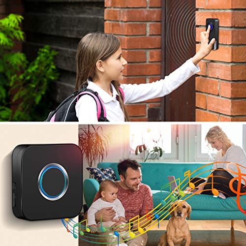Coolqiya Doorbell Kit Wireless Door Bell Chimes with 3 Plugin Receivers and 2 Remote Waterproof Door Buttons, No Battery Required for Receivers, 52 Ringtones, Black