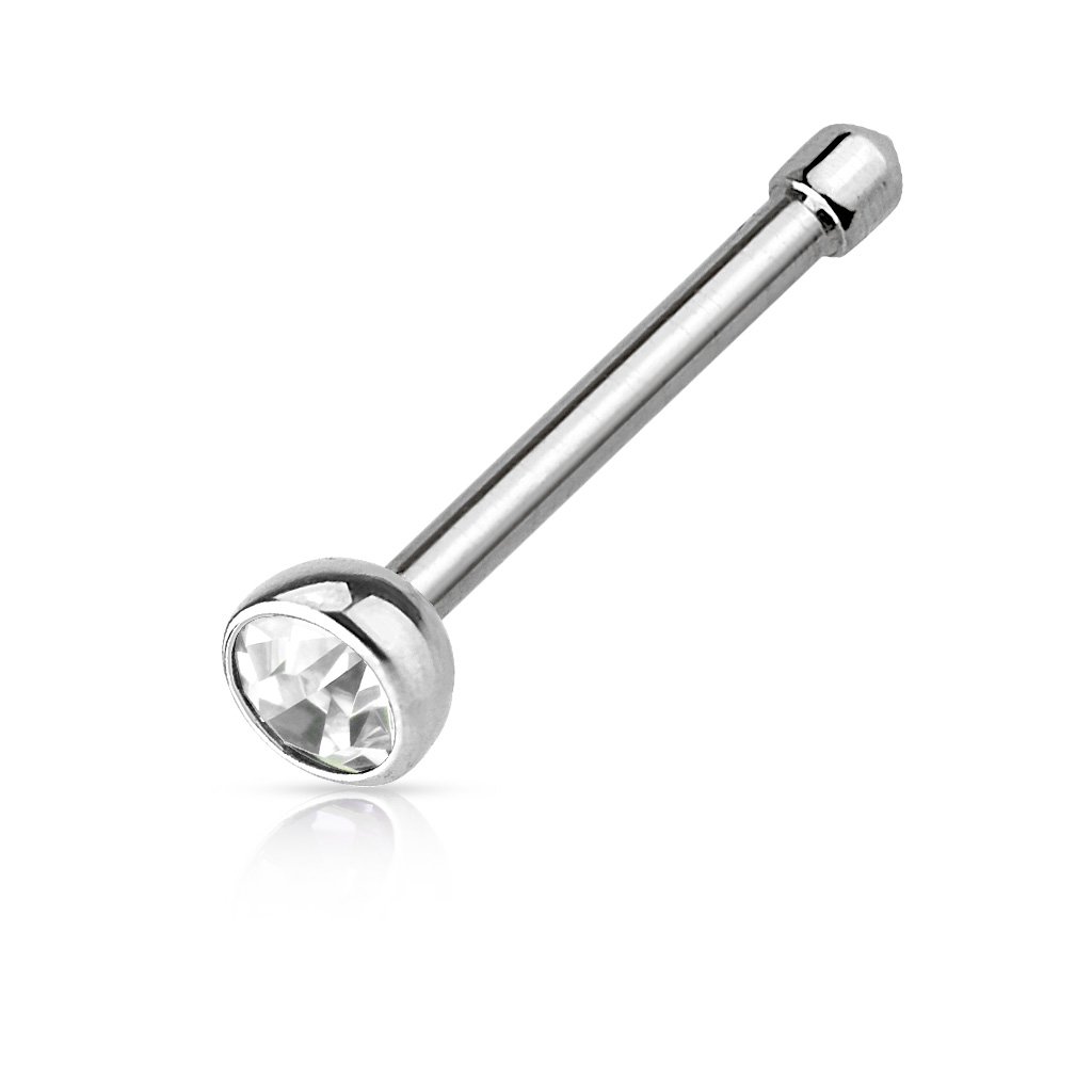 PiercedOff 316L Surgical Steel Nose Bone with Clear CZ Gem - Thickness 20GA (0.8mm) / Length 6mm / Gem Size 2mm