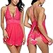 Avidlove Women V-neck Lace Babydoll Mesh Chemise Sleepwear Sexy Open Back Lingerie Rose Red Medium