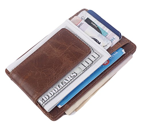 Hopsooken Money Clip RFID Front Pocket Wallet Men Leather Slim Minimalist Wallet (Brown with ID Window (Crazy Hourse Leather))