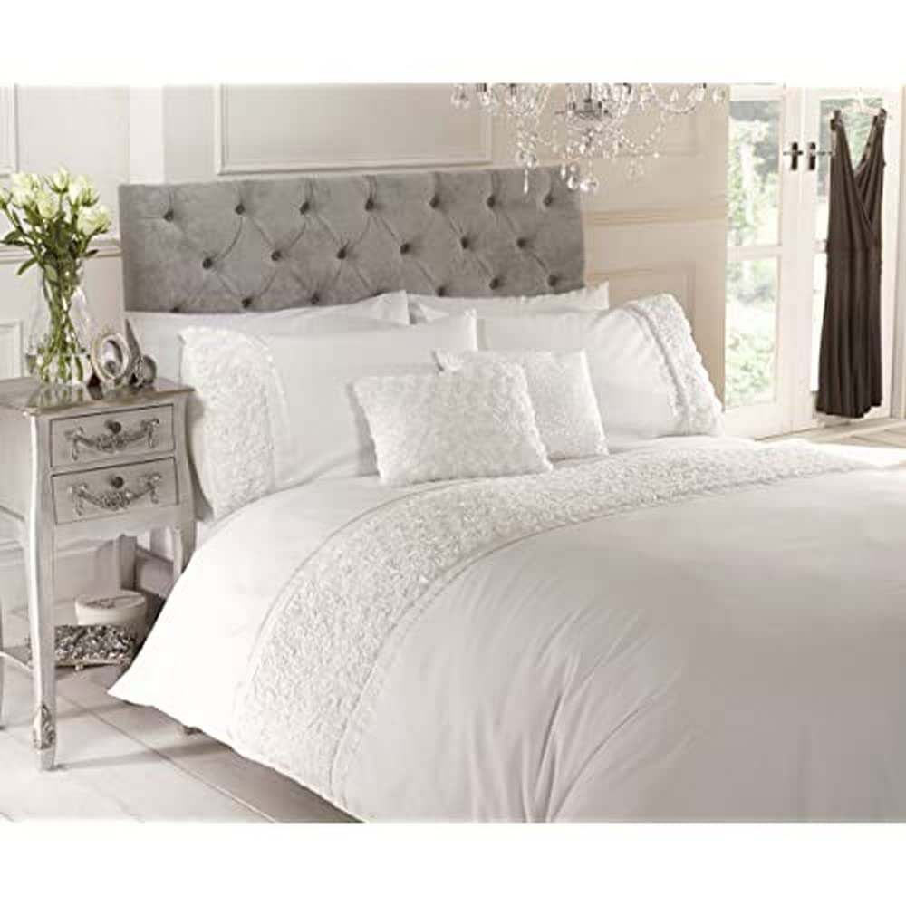Rapport Duvet Quilt Cover Set Bedding Raised Rose & Ribbon Polycotton, Cotton and Polyester, Cream