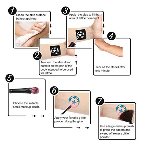 Glitter Tattoo Set, Luckyfine New Glitter Tattoo Kit with (24 Large Glitter Colors, 125 Cool Tattoo Stencils, 2 Glittered Glue, 5 Brushes) Glitter Temporary Tattoos for Kids, Teenagers and Adults - Thumbnail 2