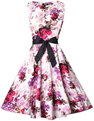 SOOPO Women's 1950s Vintage Print Floral Sleeveless Party Cocktail Dress Rockabilly Swing Dresses White L