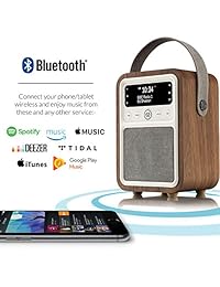 Monty by VQ Radio y Altavoz Bluetooth con radio AM   FM y HD, reloj despertador doble, red eléctrica o batería   Real Wood Walnut Case