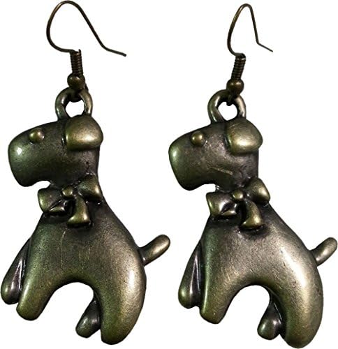 Cherry ViVi Cute Dog Wearing Bow Tie Vintage Antique Retro Style Bronze Dangle Earrings