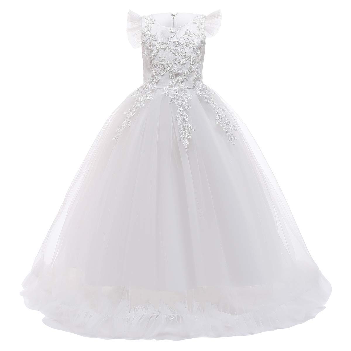 Photo 1 of **MINOR DAMAGE - USED**
Big Little Girl Princess Embroidery Flower Lace Long A Line Pageant Dress Kids Floor Length Prom First Holy Communion Bowknot Dress Puffy Tulle Maxi Ball Gown for Wedding Party Birthday White 9-10