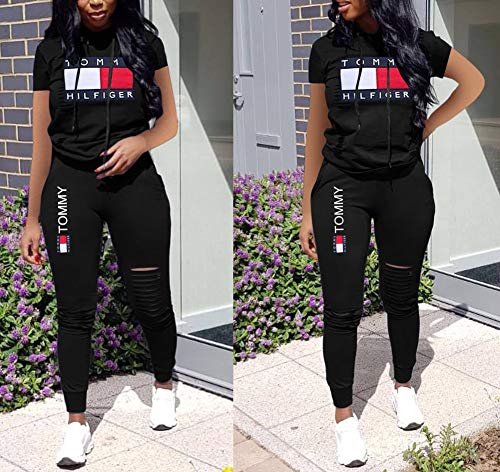 Womens Two Piece Outfits Letter Print Short Sleeve Loose Sweat Top and Long Pants Set Romper Black