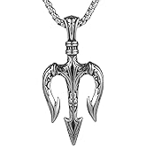 Men's Retro Poseidon Trident Pendant Necklace, 316L Stainless Steel, Silver Stainless Steel Square Pearl Chain, Ancient Greek Mythical Talisman