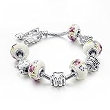 Long Way Women Silver Plated Snake Chain Pink Flower Maruno Glass Bead Heart Clasp Charm Bracelet