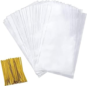 Cellophane Goody Bags 200 PCS Clear Cello Treat Bags Party Favor Bags for Bakery Cookies Candies Dessert with 200 PCS Metallic Twist Ties (4 by 9 Inch)