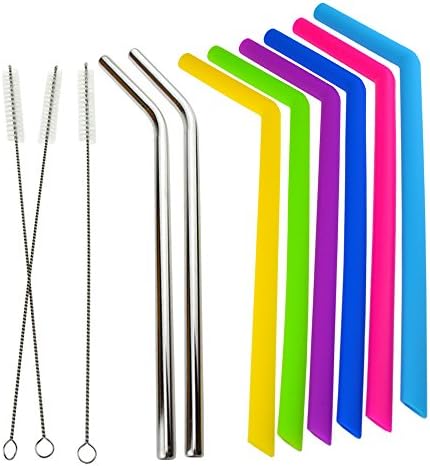 DEWKER Silicone Drinking Straws Angled Reusable Stainsteel Straw with Cleaning Brush for YETI/ RTIC Rambler Tumbler 30 Ounces/ 20 Ounces, 11 Pieces