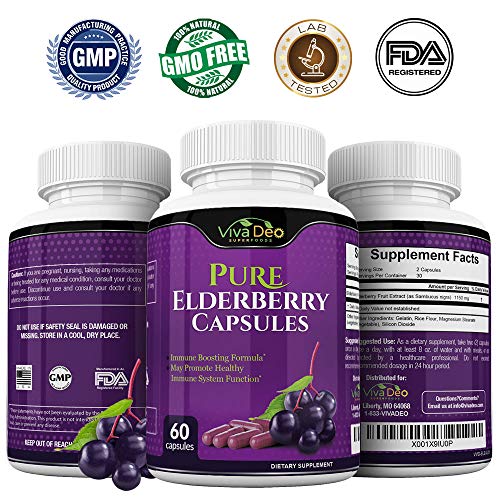 VIVA DEO Pure Elderberry Capsules – FDA Lab Tested, Fast Acting Sambucas Nigra - 60 Black Elderberry Capsules - 1150mg Elderberry Fruit Extract Per Serving - 575mg Per Capsule