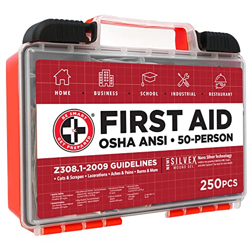 Be Smart Get Prepared First Aid Kit, 250 Piece. Exceeds OSHA ANSI