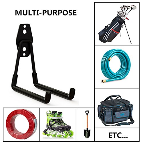 Wall Mounted Heavy Duty Double Clip U Shape Utility Tools Hooks with Anti-Slip Coating for Home Garage Storage Organizer Garden Tools Shovels Chair Hose (4 Pack Black Square Hook Middle)