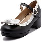 ELFY Women's Cute Lolita Cosplay Shoes Bow Mid Chunky Heel Mary Jane Pumps