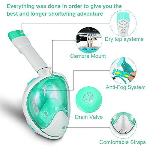 BFULL Newest Version Full Face Easy Breath Snorkel Mask 180° Panoramic Sea View Anti-fog Anti-leak Snorkeling Mask with Action Camera Mount and Soft Adjustable Head Straps For Kids and Adults - Thumbnail 2