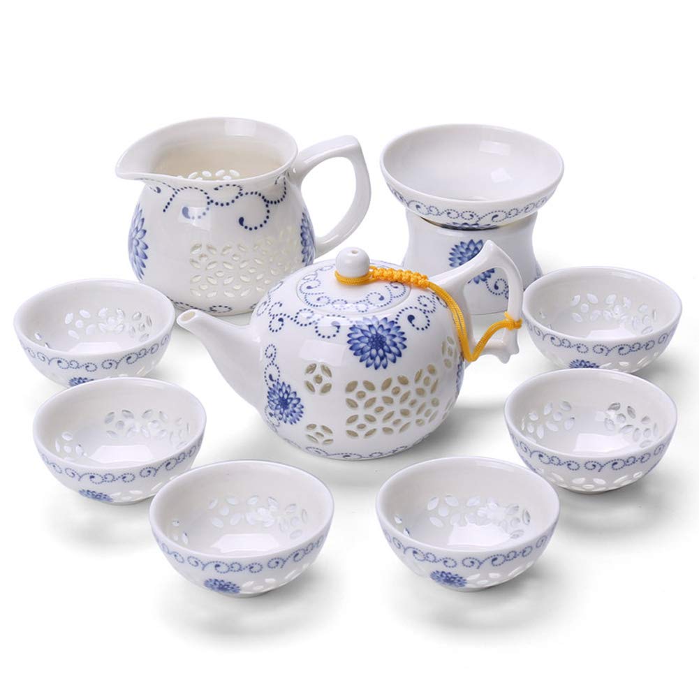 Ceramic Gong Fu Tea Set, Chinese Traditional Ceremony with Infuser Teapot, Gong Dao Bei, Tea Filter & 6 Tea Cup G-F-C-S3(Sunward Flower)
