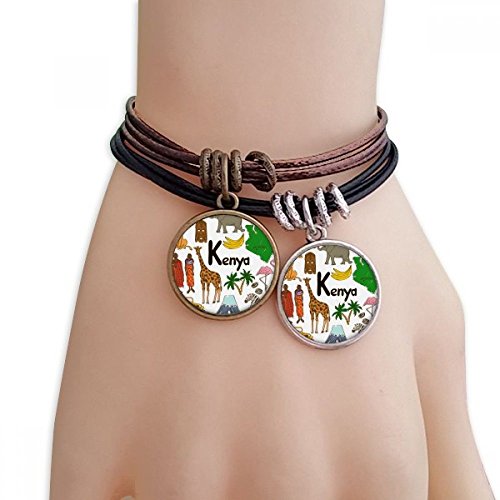 DIYthinker Kenya Landscap Animals National Flag Bracelet Double Leather Rope Wristband Couple Set