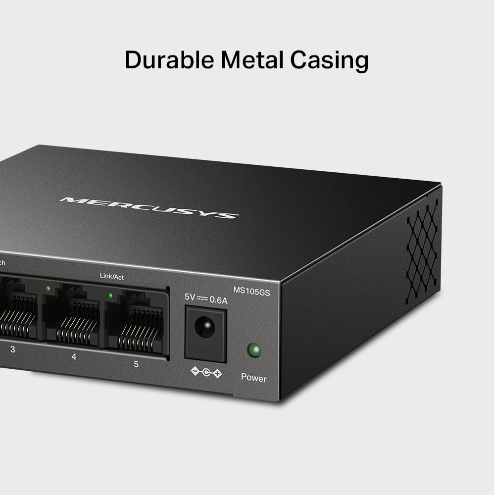 Mercusys MS105GS 5-Ports Gigabit Netzwerk Switch Unmanaged, Plug & Play, Metallgehäuse, Lüfterlos Desktop-Design, Energiesparend 5