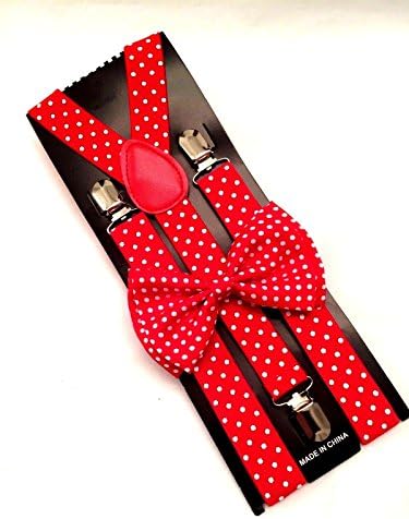 Red w/ White Polka Dot Suspender &amp; Bow Tie Matching Set Tuxedo Wedding Su
