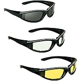 Bikershades Rhinestone Motorcycle Safety Sunglass Women Bling Foam Padded Day Smoke Night Yellow Clear Wrap Blocks Wind Dust