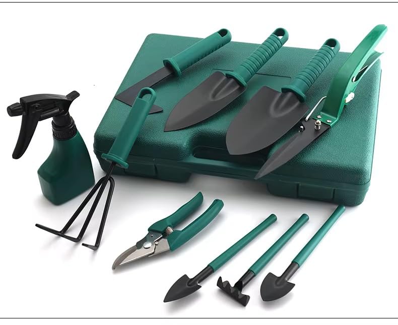 DR GARDEN Garden Tools Set, Gardening Kit (10pcs), Hand Tools for Gardener, Planting Accessories, Jardineer Equipment with Case, Green (JM-201)