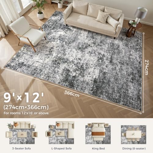 DMOYEST Area Rug Living Room Rugs - 9x12 Large Soft Indoor Neutral Modern Abstract Low Pile Washable Rug Carpet for Bedroom Dining Room Farmhouse Home Office - Grey