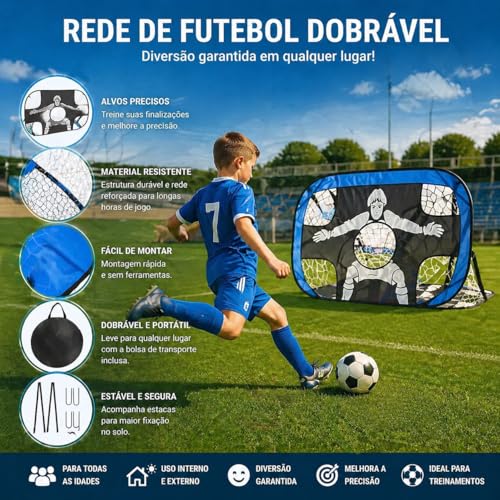 2 em 1 Gol Dobrável Duplo Treino com Goleiro Portátil, 120 x 80 x 80 cm Rede de Alvo de Gol de Futebol, Trave Futebol com Rede Reforçada, Equipamento de Treinamento de Redes de Futebol