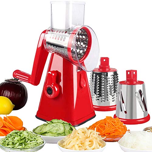 NILICAN Manual Rotary Potato Grater Kitchen Mandoline Vegetable Slicer，with 3 Interchangeable Blades，Easy to use (Red)