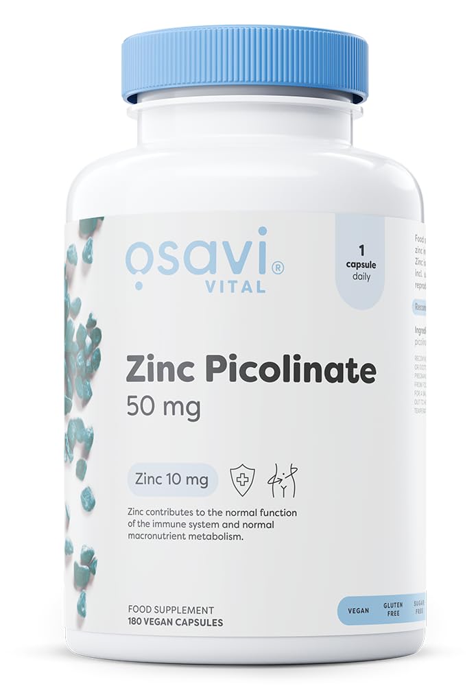 Osavi Zinc Picolinate 50mg - 180 Vegan Capsules | Highly Absorbable Zinc for Immune Support, Cognitive Function, Metabolism, and Healthy Skin | 100% Daily Requirement in One Capsule