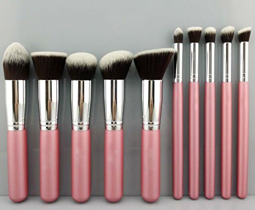 akldigital 10Pcs Professional Premium Kabuki Makeup Brush Set Foundation Blending Blush Eyeshadow Face Powder Contour Kit, Pink & Silver Color