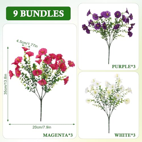 Huiguli 9 Bouquets Outdoor Fake Flowers, Artificial Flowers Plastic UV Resistant Fake Plants Outdoor for Balcony, Patio, Porch, Hanging Garden Indoor Decoration (3 Colors)